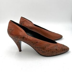 Vintage 80s Leather Heels Cognac Brown Pumps Croco Detail